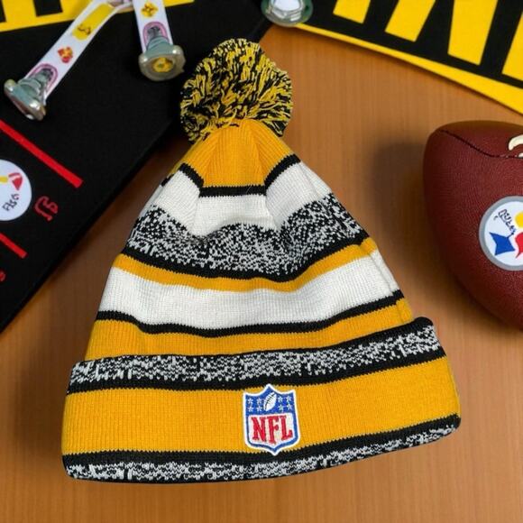 Pittsburgh Steelers Beanie Pom Hat Knit Pom NFL New Era Football OS Black Yellow - Picture 11 of 11